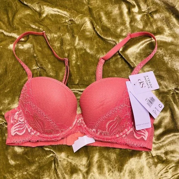 Simone Perele Bra 32C Promesse Padded Rose Pink 3D Plunge Leavers Lace Underwire - Picture 9 of 11